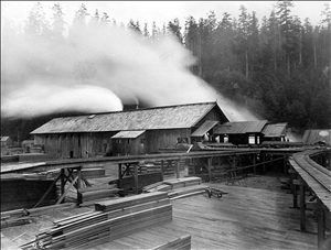 Old wooden building surrounded by steam, trees, and stacks of lumber